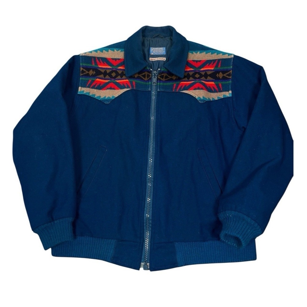 Pendleton Navy Blue Wool Jacket with Multicolor Navajo Yoke